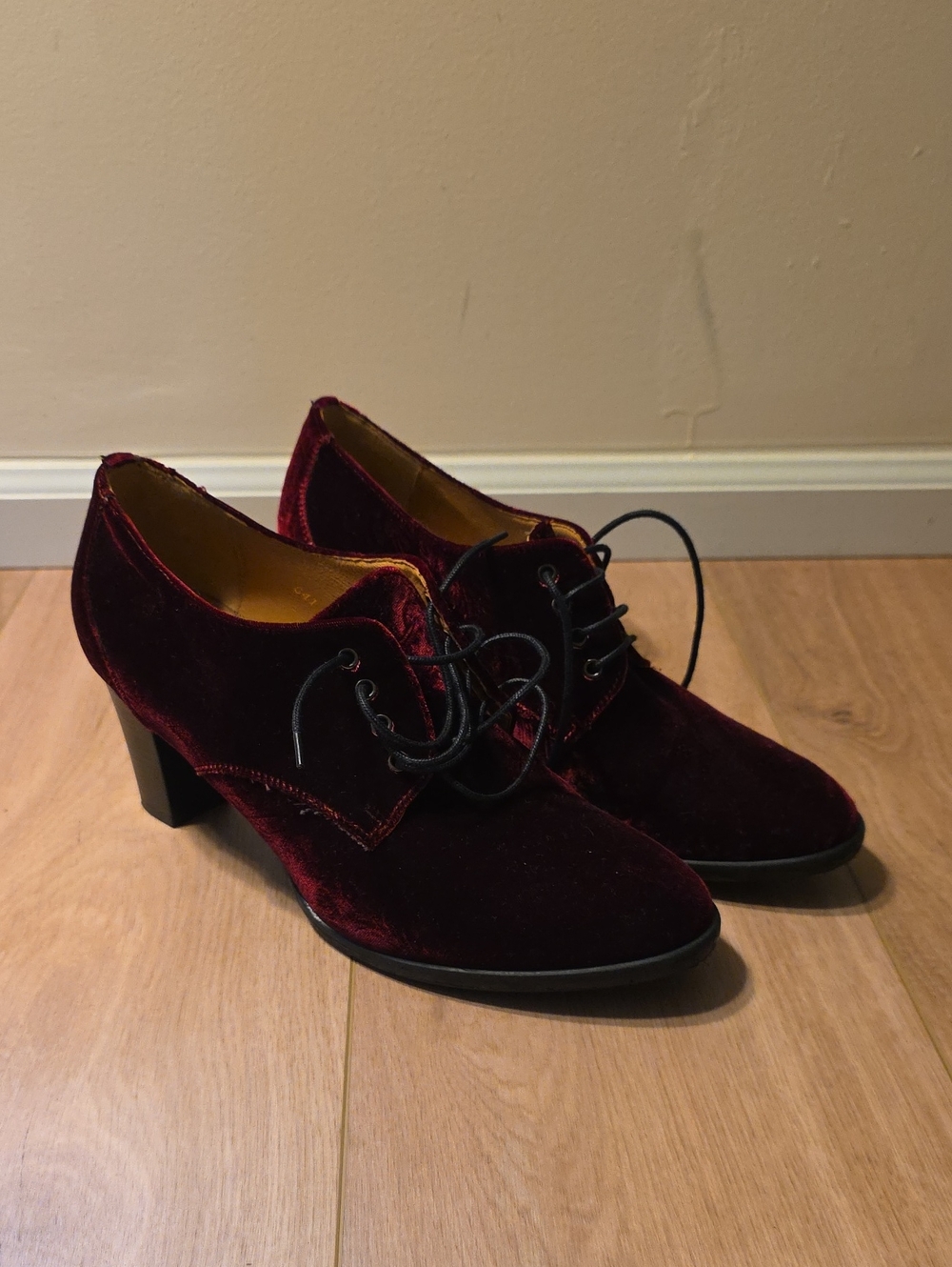Velvet Lace-Up Block Heels in Burgundy